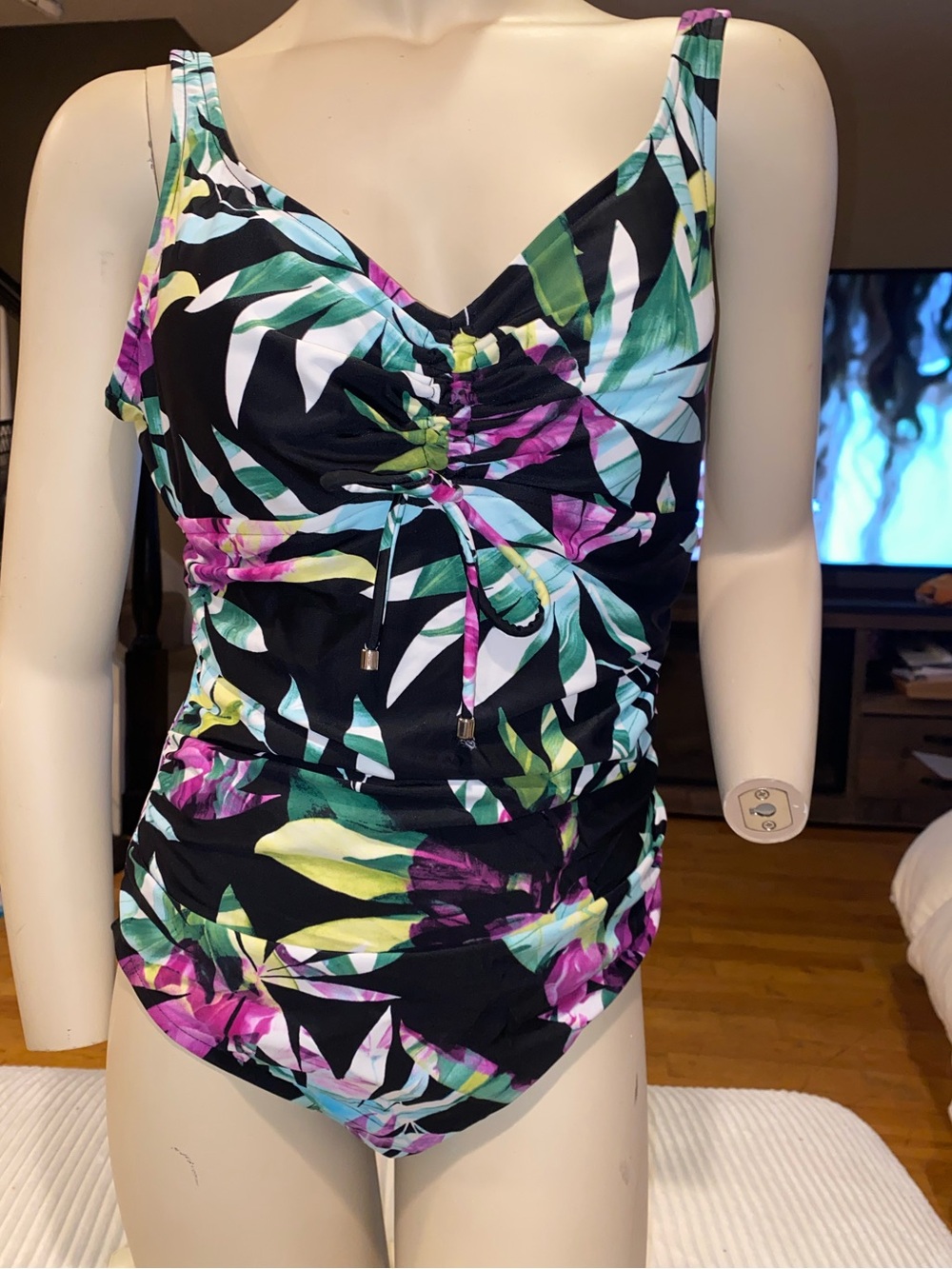 Aqua Green Black Tropical Floral One-Piece Swimsuit